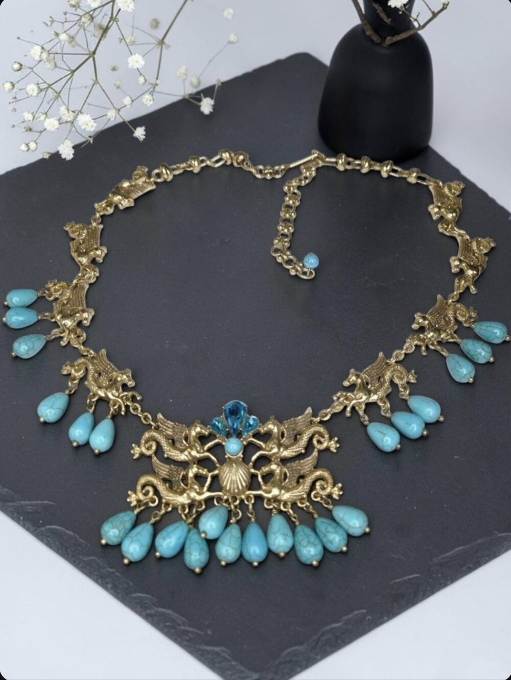 Antique Gold Mythological Winged Hippocampus Pegasus Turquoise Necklace